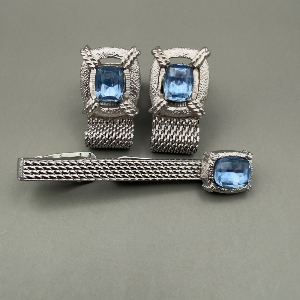 Swank Cufflinks Tie Clip Set Silver Tone Blue Rhinestone Mesh Wrap Men Accessory